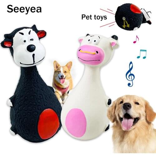 Natural Rubber Dog Toy Cow Shape Latex Chewing Squeak Animal Shape Pet Dog Toy Cow Teeth Cleaning Cute Cartoon Molar Toys Seeyea