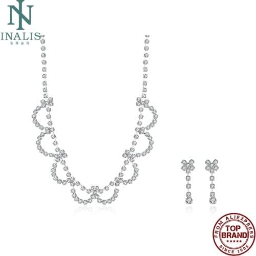 INALIS Wedding Series Necklace Drop Earrings Jewelry Sets Flowers Two Inlay Crystal Silver Plated Copper Jewelry Sets Wholesale