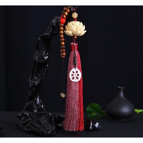 Small Leaf Red Sandalwood Lotus Ornaments Hand-carved Boxwood Car Hanging Simple Wenwan Sandalwood Hanging Chain Home Decoration