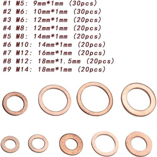 200pcs/box 9 Types Copper Sealing Washer Solid Gasket O Ring Shape M5-M20 With Box For Hardware Accessories Sump Plug For Boat