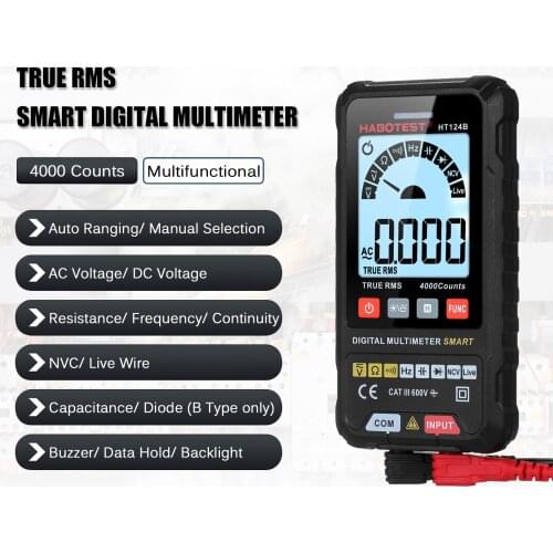 HABOTEST HT124B Smart Digital Multimeter 4000 Counts True RMS Auto Ranging Voltage Meter 600V AC DC Voltmeter Tester LCD Screen