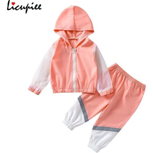 1-6 Years Hooded Clothing Sets 2 Pcs Infant Casual Outfits Girls Color Block See-through Mesh Sleeve Hoodie + Trousers