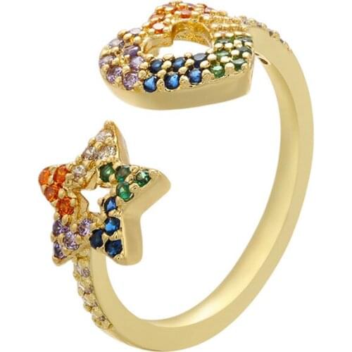 Simple Cute Micro Pave CZ Hollow Star Heart Open Ring Women Men Trendy Mix Color Crystal Adjustable Size Finger Party Jewelry