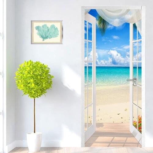 Pvc Self-Adhesive Door Sticker Seascape Window Sandy Beach 3D Photo Wallpaper Mural Living Room Bedroom Door Decoration Stickers