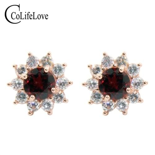 CoLife Jewelry 925 Silver Garnet Stud Earrings for Office Woman 5mm Natural Garnet Silver Earring Sterling Silver Garnet Jewelry