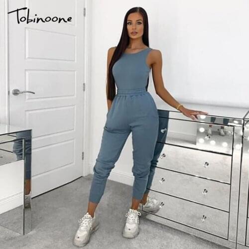 Tobinoone Solid Casual 2 Piece Set For Women 2020 Vest Sleeveless Top And Elastic Waist Long Pants Femal Sets O Neck Sports Set
