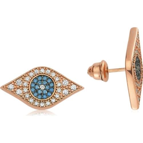 Valori Jewels Blue Evil Eye, Zirconia White And Fancy Blue Gemstone, Rose Gold Plated, Sterling Silver Earrings