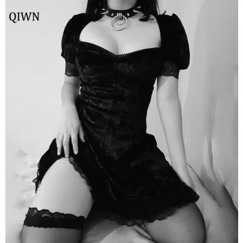 Vintage Lace Black Dress Goth Sexy High Waist Mini Dress Aesthetic Elegant Short Sleeve A Line Dress Party Club Wear