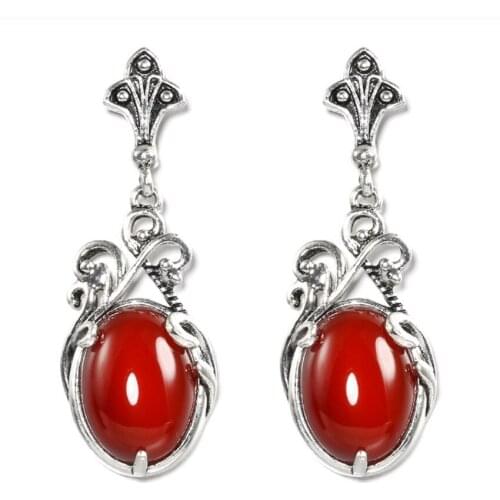 Vintage Style Silver Plated Oval Shape Red Agates Stud Earrings for Women Tiger Eye Stone Jewelry