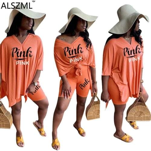 PINK letter print streetwear 2 piece set sport tracksuit v neck loose t-shirt and matched shorts casual women active suit