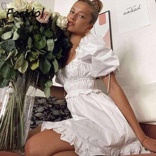 Boho Puff Sleeve Sexy Party Mini White Dress Ruffle Summer Dress Square Neck Elastic Bust Chic Women Dress New Vestido De Mujer