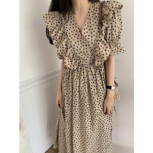 Dresses Korean Chic Summer V Neck Ruffles Flare Short Sleeve Polka Dot Dress Women Vintage Slim Vestido De Mujer Elegant Wild
