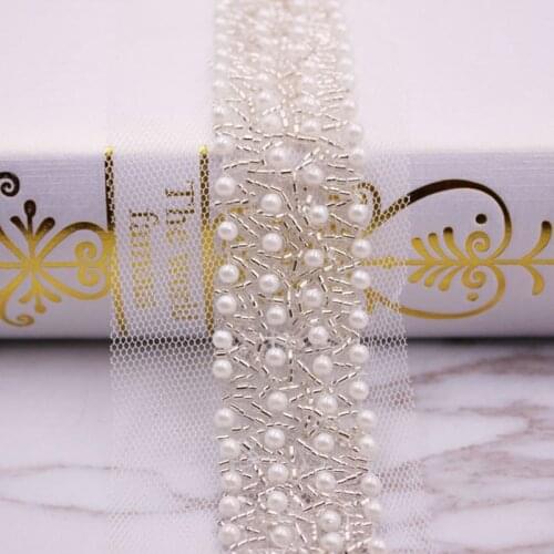 1piece Handmade White Beads Lace Rhinestone Mesh Ribbon Applique Sewing Accessories Crafts For Clothes Wedding Dress