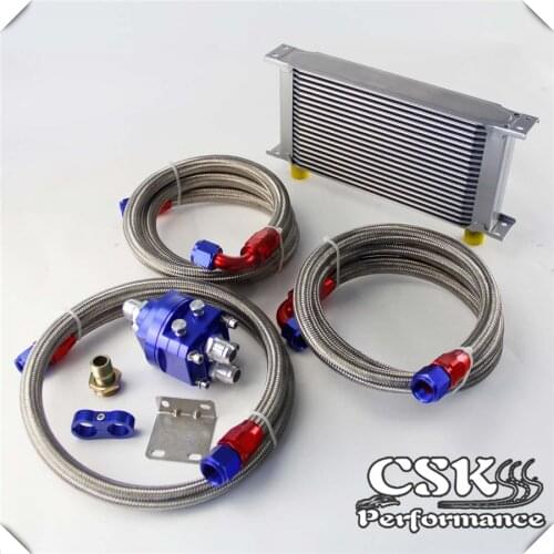 19 Row AN10 Universal Engine Transmission Oil Cooler British Type + Filter Adapter Kit Blue