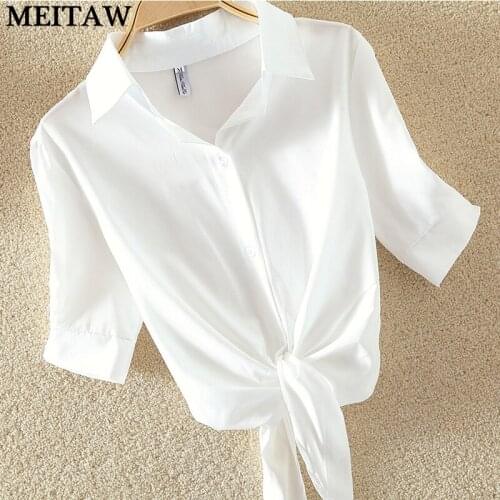 2021 Cotton Women White Shirts Ladies Summer Short Sleeve Korean White Shirts Female Bow Plus Size Blouse Shirts 4XL