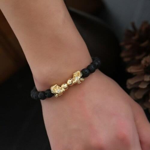2019 New Elastic Black Lava Buddha Beads Bracelet Bangle Men Jewelry Gold Alloy Double Sheep Angle Accessories Charm Bracelet