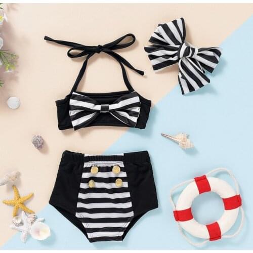 9M-3T Summer Infant Baby Swimwear Striped Bow Sling Tops Briefs Headband Kid Girls Swimsuit Bikini Lovely Bathing Suit