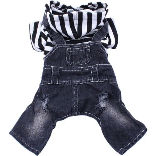 Dog Cat Denim Striped Jumpsuit Hoodie Pants Pet Puppy Coat Jacket Spring/Summer Clothes Apparel