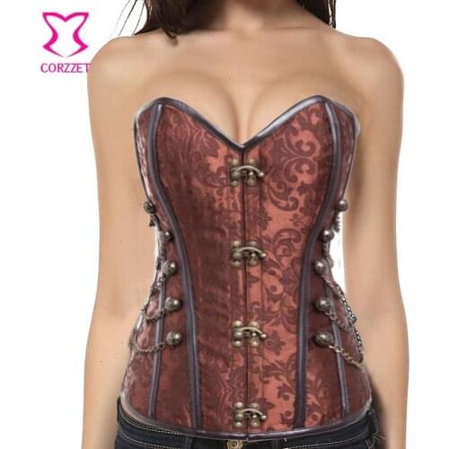 Steampunk Corset Sexy Gothic Floral Brocad Jacquard Steel Boned Corsets Bustier Chains Ring Buckle Burlesque Overbust Corselet