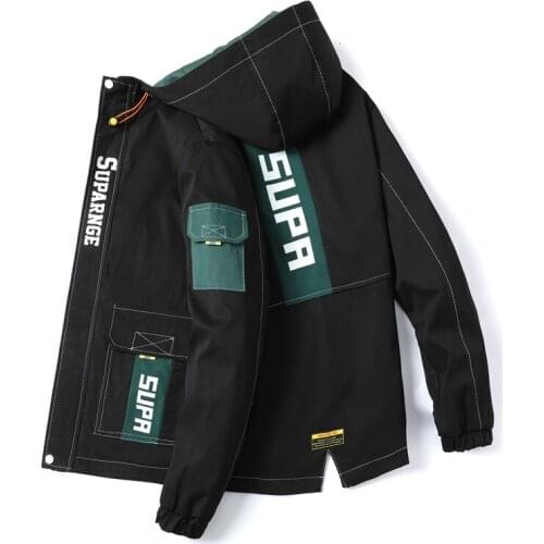 Mens Cargo Hooded Jacket Men 2021 Spring New Fashion Windbreaker Solid Jackets Black Coats Casual Loose Sports Jacket For Men