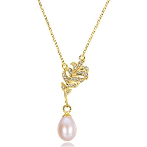 MetJakt S925 Sterling Silver Micro-Inlaid Zircon Leaf-Shaped Freshwater Pearl Womens Necklace