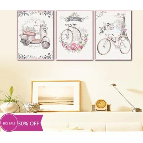 Modular Wall Art Canvas Paintings Nordic Pink Romantic Paris City Bicycle Picture Prints Poster Home Decor For Living Room Frame