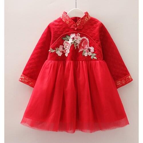 Autumn And Winter Girls' Cheongsam Childrens Plush Long Dress Chinese Style Princess Clothing Tang Suit Hanfu Red New Years We