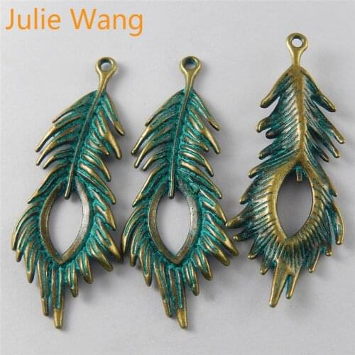 Julie Wang 5PCS/lot Zinc Alloy Green Peacock Feather Pendants Charms Earring Necklace Finding DIY Jewelry Making Accessories