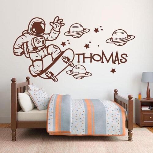 Personalized Custom Name Astronaut Playing on the Skateboard Plant Wall Sticker Boy Room Kids Room Personalized Name Star M357