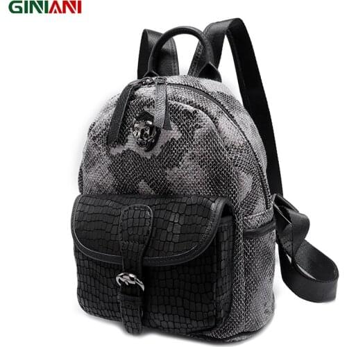 GINIANI Serpentine Material Tungsten Steel Tiger Head Female Rucksack Front Leather Solid Pocket Cutie Child School Bags