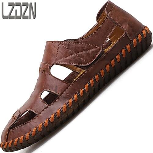 Sandals Shoes For Mens Big Foot Slippers Summer Breathable Genuine Leather deadlift Casual Driving Beach Dad Outdoor soft soled