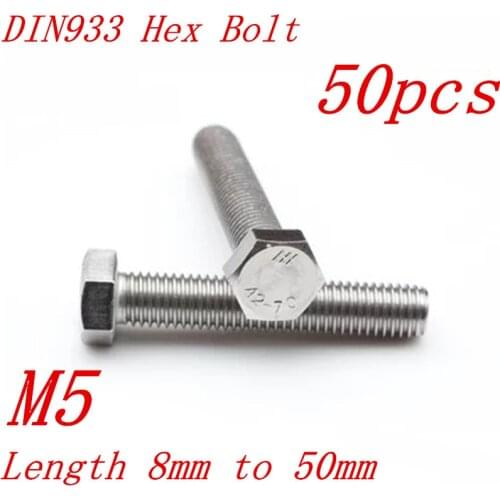 50pcs DIN933 M5 5mm 304 stainless steel hex bolt M5*8/10/12/1/16/18/20/25/30/35/40/45/50mm