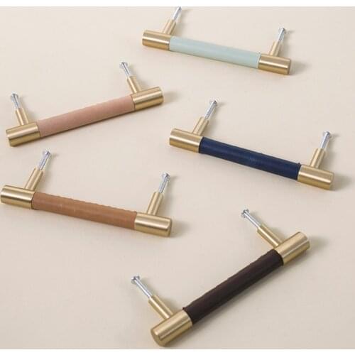Nordic Style/ Leather+ Brass Handles Drawer Cabinet Knobs Kitchen Door Handle Cupboard Wardrobe Pull Handles Furniture Fittings