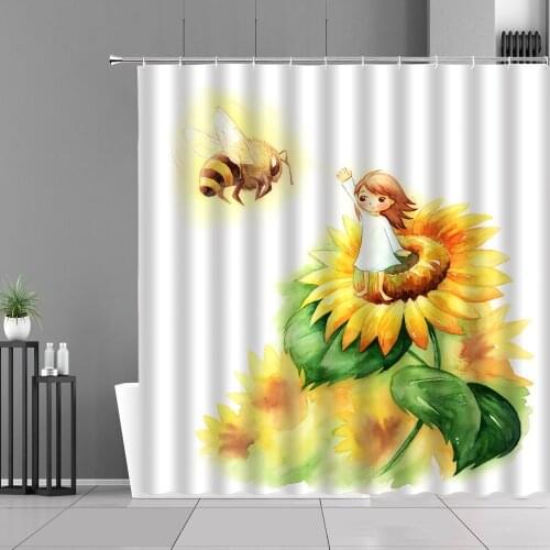Cartoons Sunflower Girl Shower Curtain Set Fantasy Childrens Bathroom Decoration Cloth Curtain Waterproof Polyester With Hook
