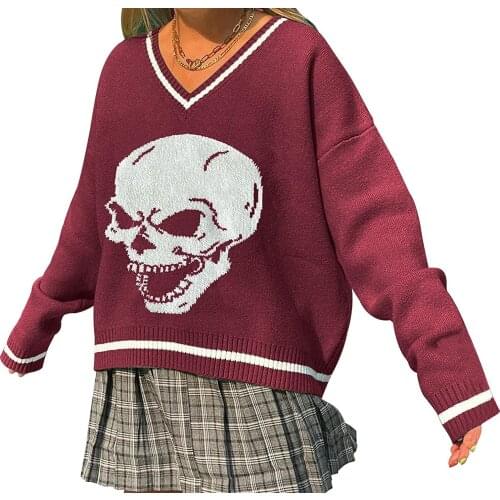 Y2K Women Halloween Sweater Adults Casual Skull Print Long Sleeve V-neck Knitwear (Wine Red)