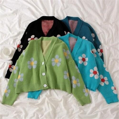 Women Sweaters Autumn 2020 Korea Style Girls Sweet Flower Cardigans Knitted Jacket Loose Long Sleeve V-neck Button Down Sweater