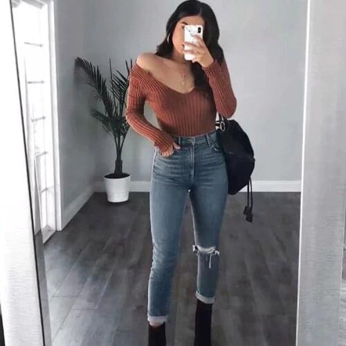 Women Knitted Bodysuits Deep V-neck Tops