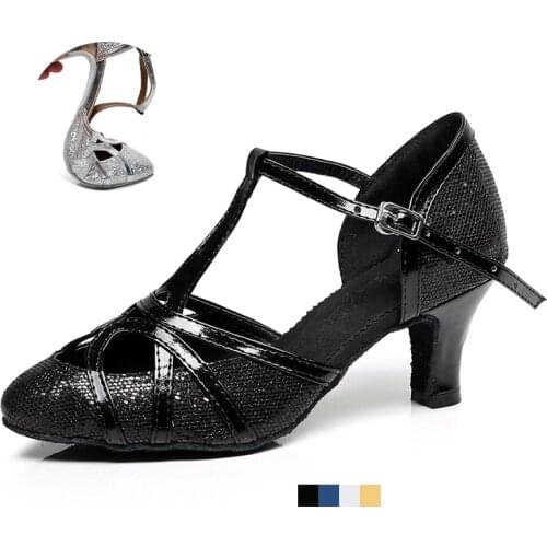 Women Glitter Ballroom Dance Shoes Black Soft Sole Bachta Salsa Dancing Shoes For Girls Latin Practice Dance-shoes For Woman