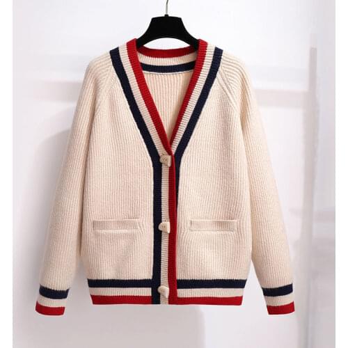 Ladies sweater 2021 fashion new loose western style long-sleeved v-neck color matching knitted single-breasted cardigan women