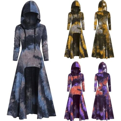 Gothic Punk Tie Dye Print Hooded Dresses Womens Fashion Hooded Long Sleeve Vintage Cloak High Low Dress Elegant Fall Dresses
