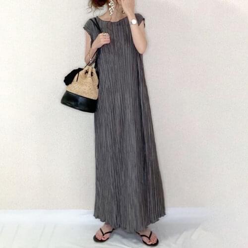 Pleated Women Dress Summer Korean Japan 2021 Fashion Casual Daily Work Long Dress Dark Grey Maxi Roobe Female Vestiods New