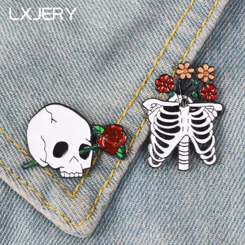 LXJERY Cartoon Enamel Rose Skull Pins Badge On Backpack Punk Skeleton Brooch Pins For Clothes Broche For Women Girls Gift