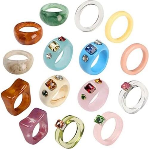 15 Pcs Resin Rings Acrylic Cute Trendy Rings Colorful Rhinestone Rings Jewelry Plastic Square Gem Stackable Chunky Ring