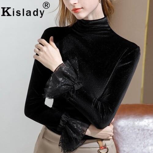 2020 Lace Patchwork Butterfly Sleeve Gothic Shirts Sexy OL Tops Harajuku Turtleneck Shirt Korean Pleuche Fashion Women Clothing