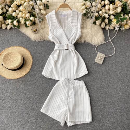 2021 New Office Lady 2 Piece Set Top And Shorts Sets Korean Blazer + Pant Suits Luxurious Stripe Summer Suit Ensemble Femme