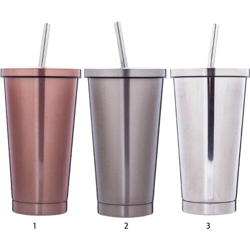 500ml Stainless Steel Cup with Lid Drinking Straw Travel Mug Portable Coffee Tea Milk Tumbler
