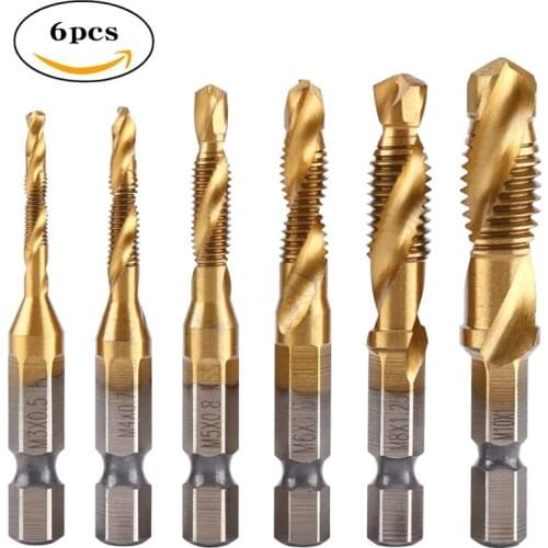 6PCS Hex Shank Titanium Plated HSS Screw Thread Metric Tap Drill Bits M3 M4 M5 M6 M8 M10 Screw Machine Compound Drill Tap Bits