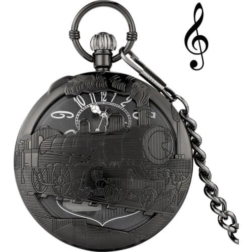 Steampunk Hollow Locomotive Train Case Playing Music City Sky Song Men Women Quartz Analog Pocket Watch with Pendant Chain Clock