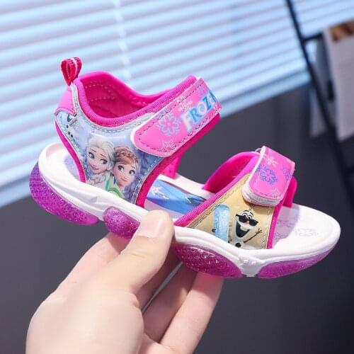 Disney 2021 Summer Led Girls Cartoon Sandals Frozen Elsa Princess Baby Shoes New Fashion Kids Beach Shoes Cute Flashing Sandals