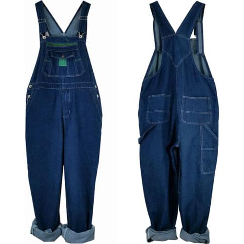 Men Overalls Bib Jeans Oversized Huge Loose Straight Denim Jumpsuits Wide Leg Cargo Pants Hip Hop Blue Trousers Large Size 28-50